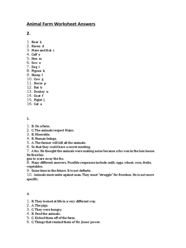 Animal Farm Worksheet Answers (1) | Livestock | Domesticated Animals