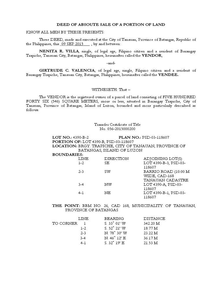 Deed of Absolute Sale of a Portion of Land Property Law Government