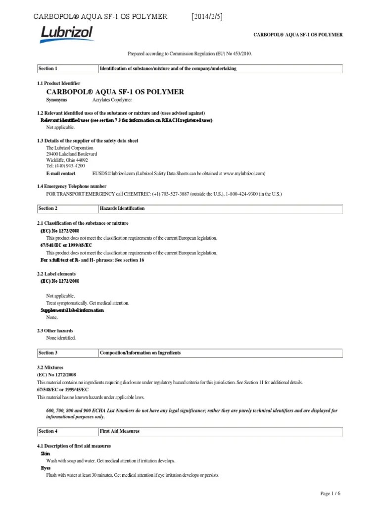 Aqua SF1 Os (MSDS) PDF Toxicity Dangerous Goods