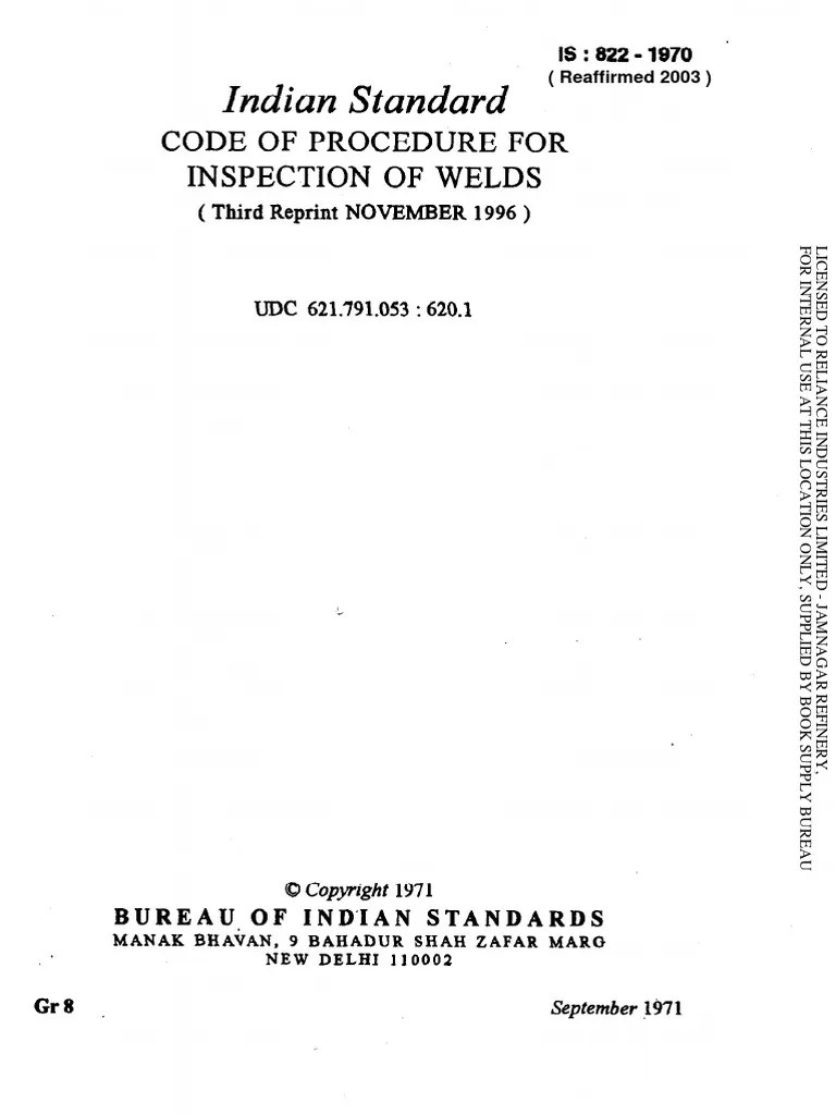 Is 822 Code of Pratice for Inspection of Welds Nondestructive Testing