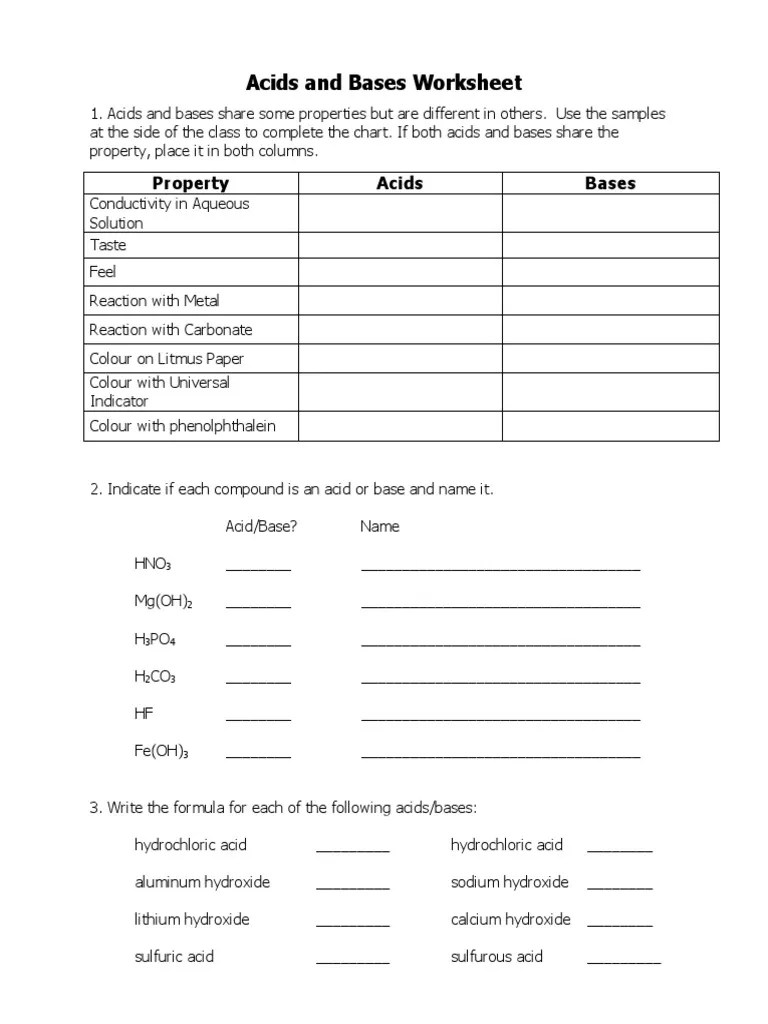 Acids And Bases Worksheet