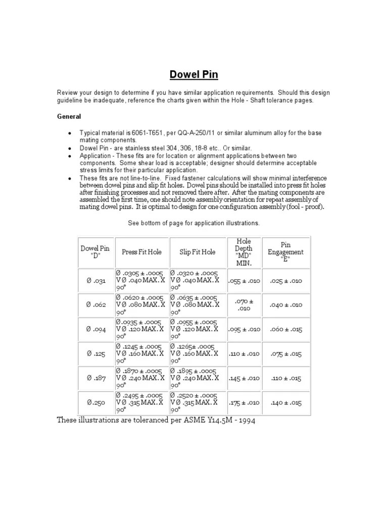 Dowel Pin Engineering Tolerance Metals