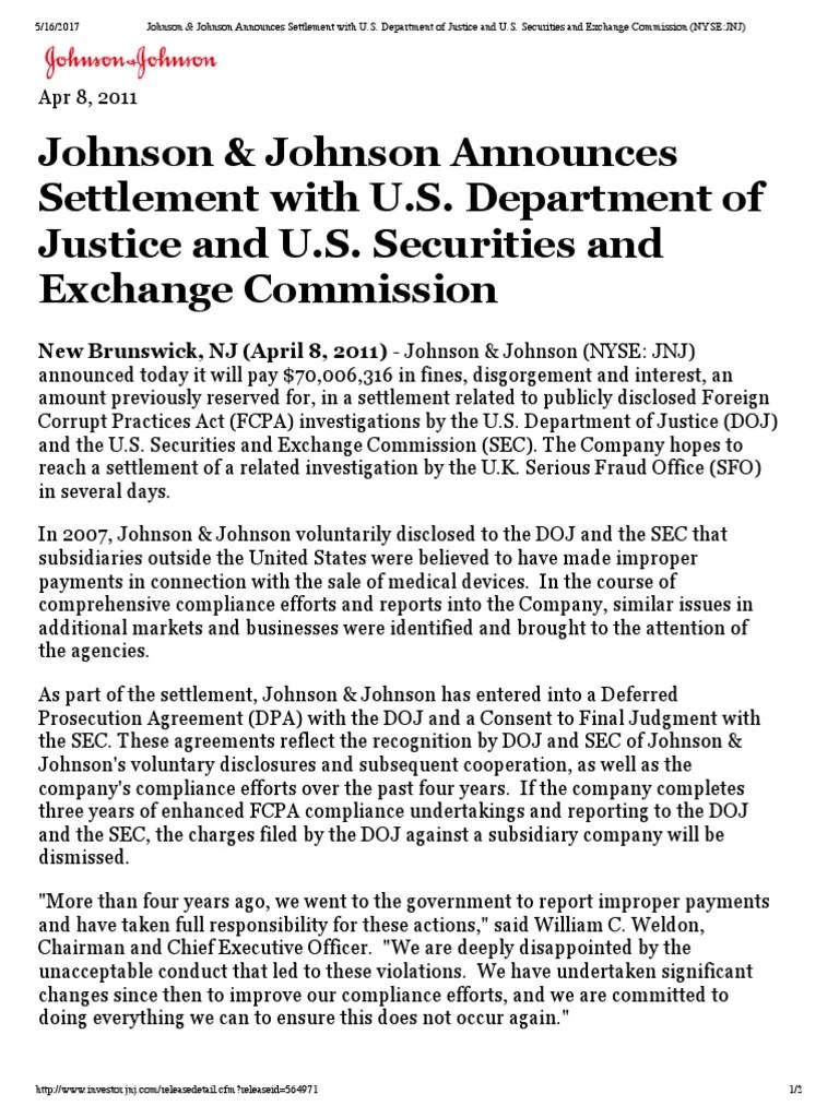 4811 Johnson & Johnson Press Release Announces Settlement With U.S