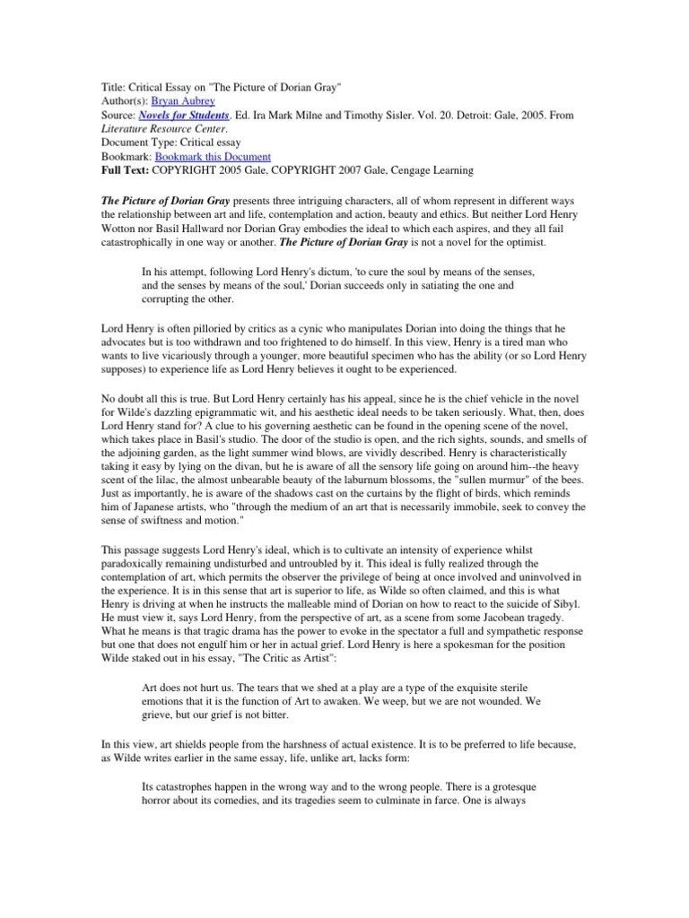 English v Aubrey Essay The Picture Of Dorian Gray