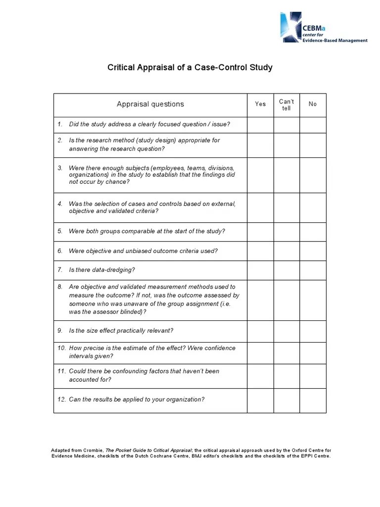 CriticalAppraisalQuestionsforaCaseControlStudy.pdf Evidence Based Medicine