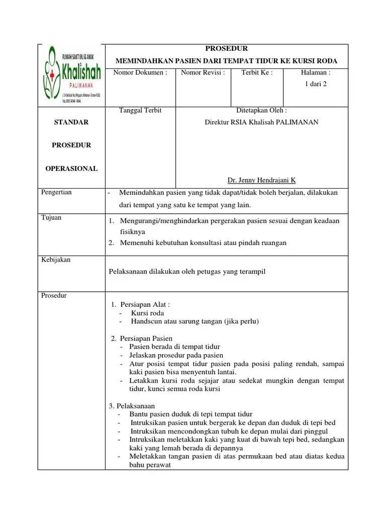 SOP Cara Memindahkan Pasien Dari Tempat Tidur Ke Korsi Roda. BD Endah | PDF