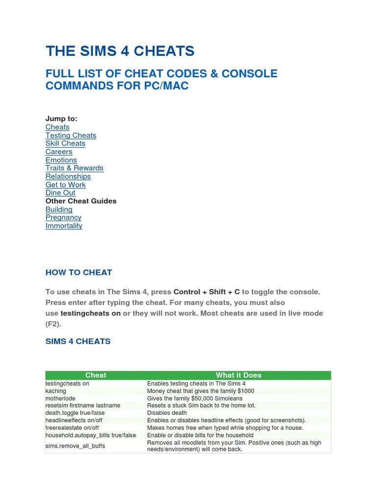 The Sims 4 Cheats Full List of Cheat Codes & Console Commands For Pc