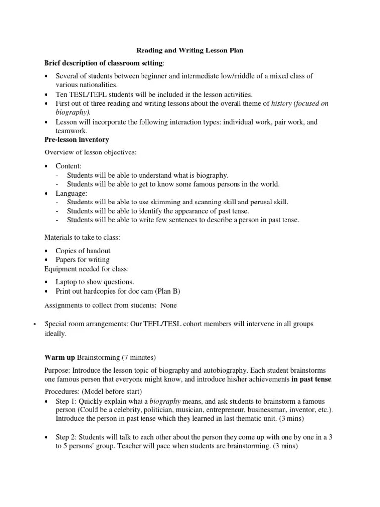 Reading and Writing Lesson Plan Brief Description of Classroom Setting