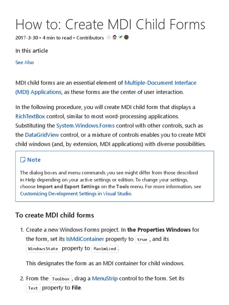 How To Create MDI Child Forms Microsoft Docs PDF Menu