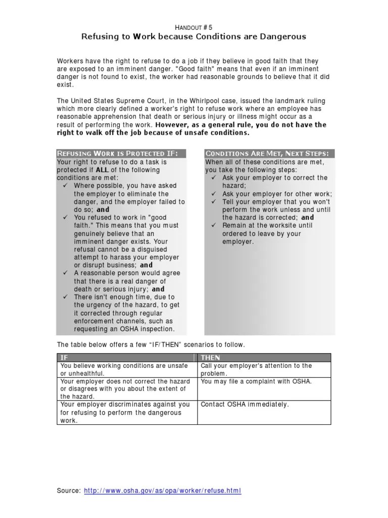 Refusing to Work Hand Out Occupational Safety And Health