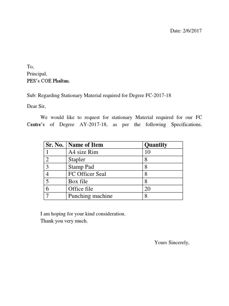 Stationary RequirementApplication Letter