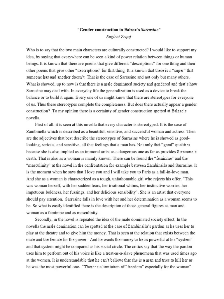 Gender Construction in Balzac's Sarrasine PDF Gender Gender Studies