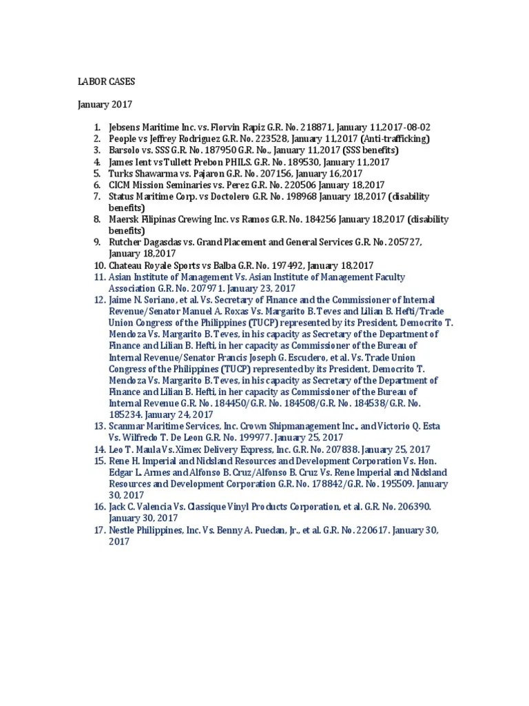 Labor Cases January 2016 list Philippines Government