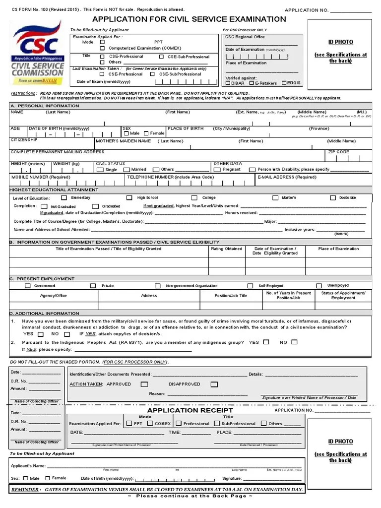 CS Form 100 Revised 2015 For Oct 23 2016 CSE PPT A PDF