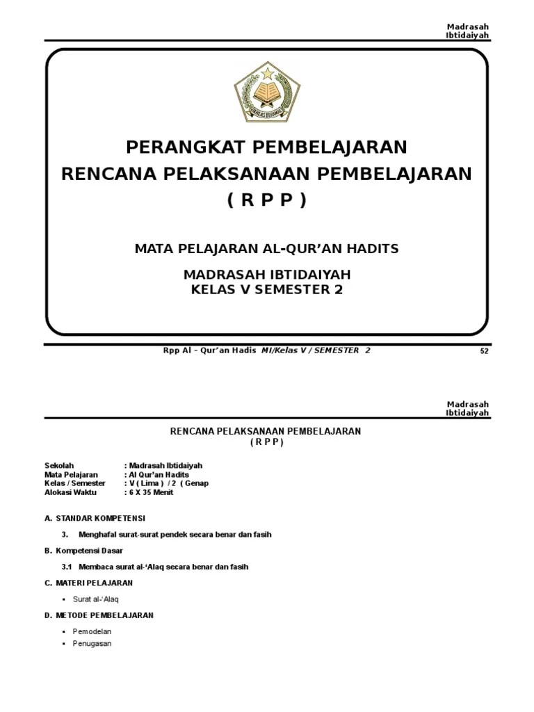 RPP QUR'AN HADITS KELAS 5 SEMESTER 2.doc