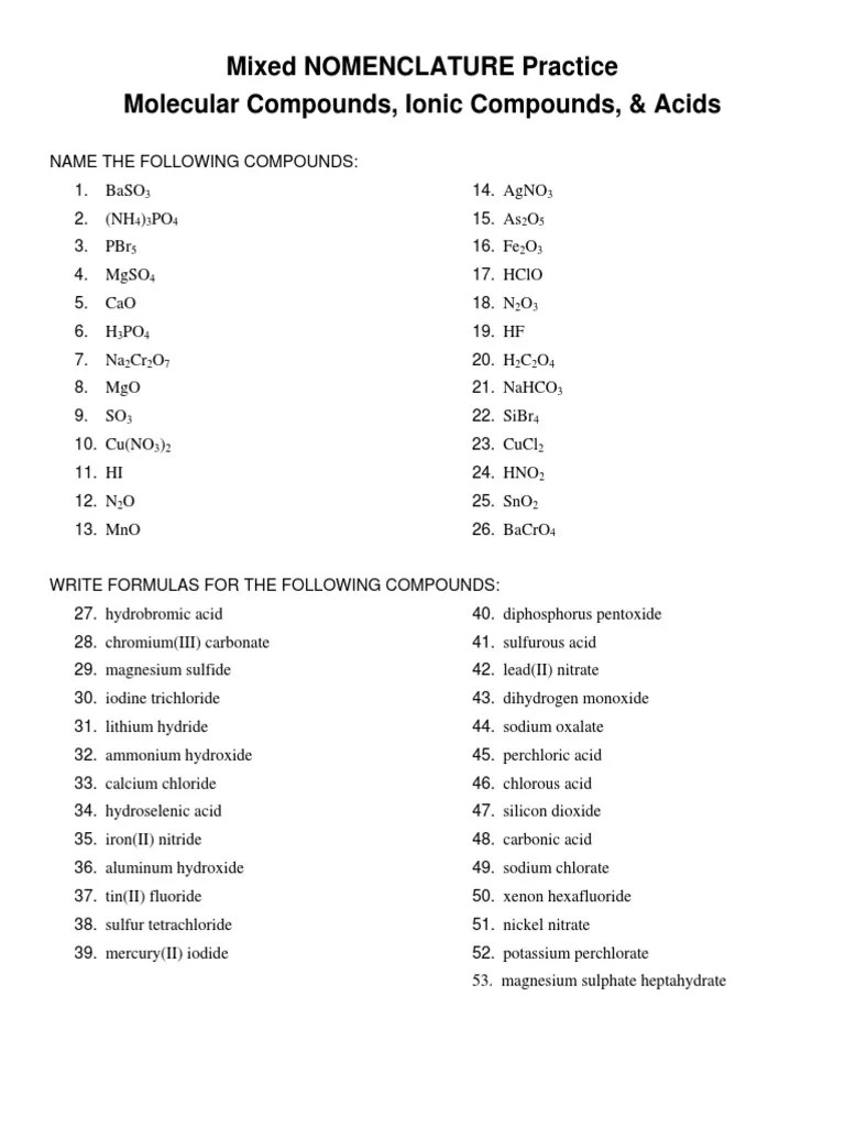 Naming Molecular Compounds Worksheet Answers