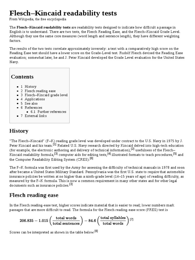 FleschKincaid Readability Tests PDF Tests Reading (Process)
