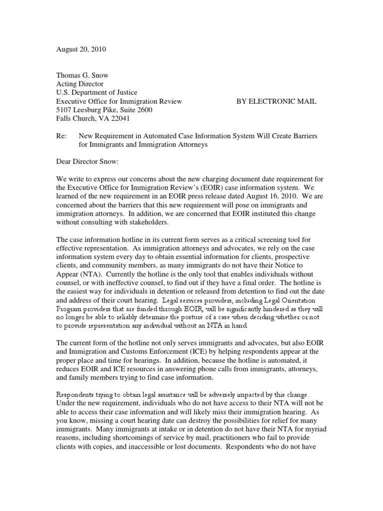 Signon Letter Opposing New EOIR Automated Case Information System