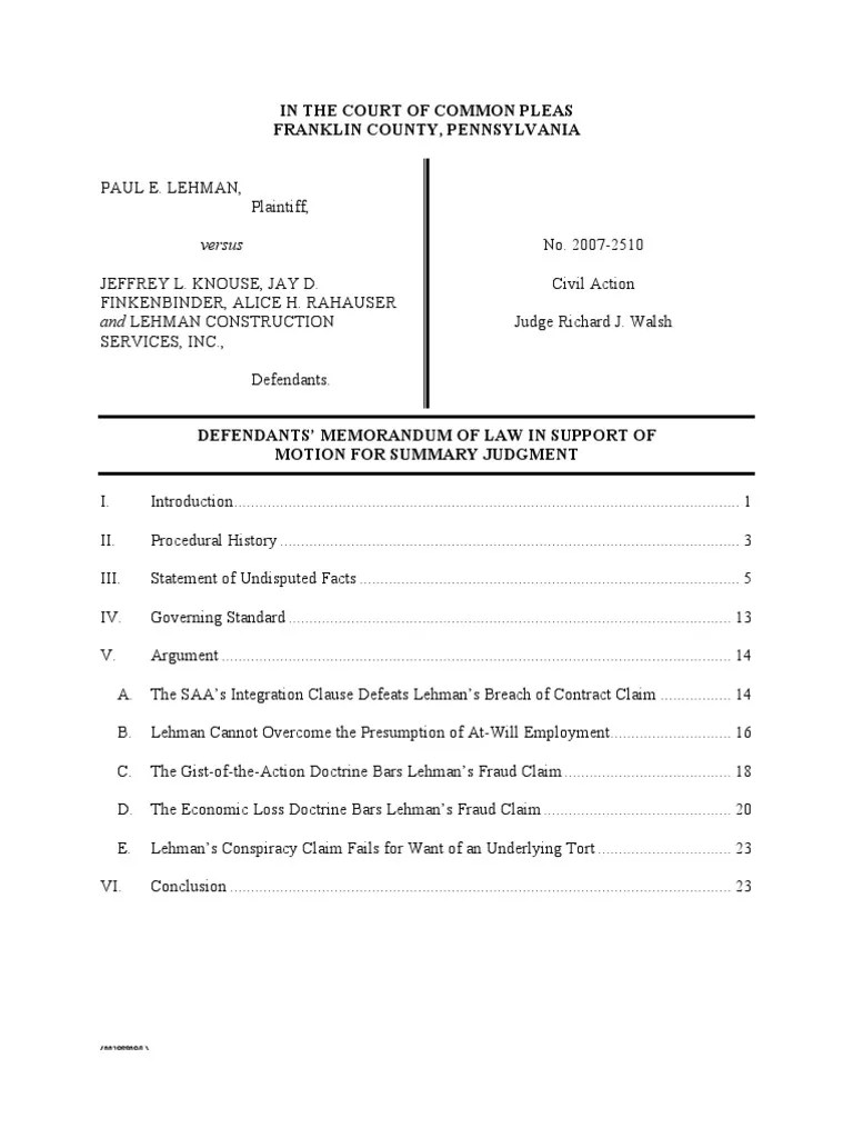 Sample Brief — Summary Judgment (Public Filing) Summary Judgment Tort