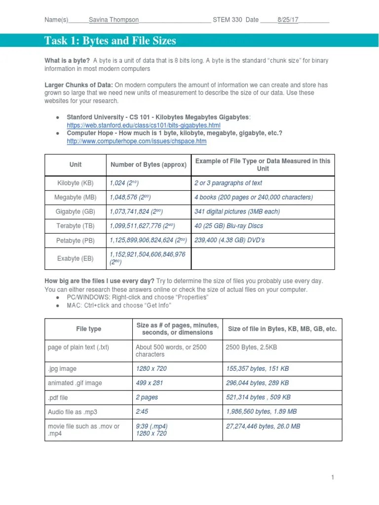task 1 bytes and file sizes Computer File Media Technology