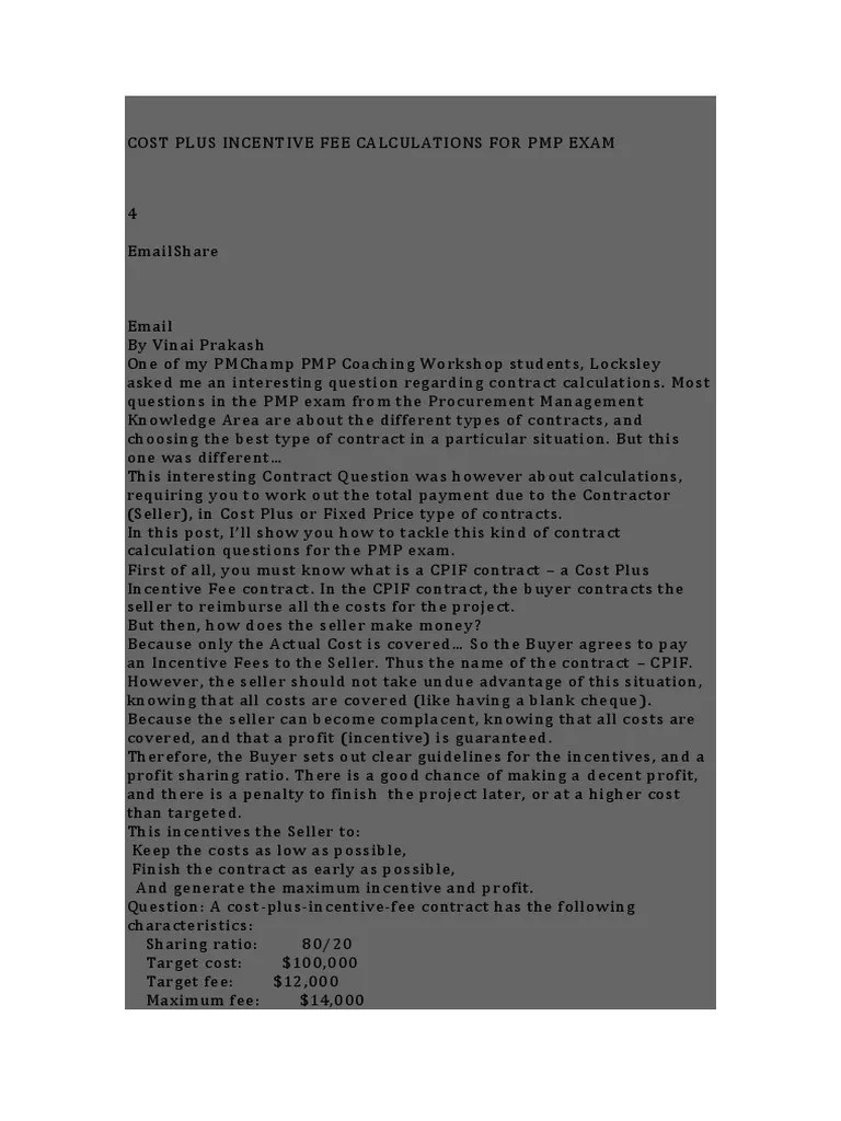 Cost Plus Incentive Fee Calculations For PMP Exam PDF Economies