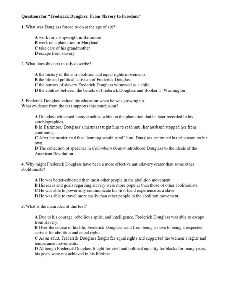 questions for frederick douglass from slavery to freedom Frederick Douglass Abolitionism In