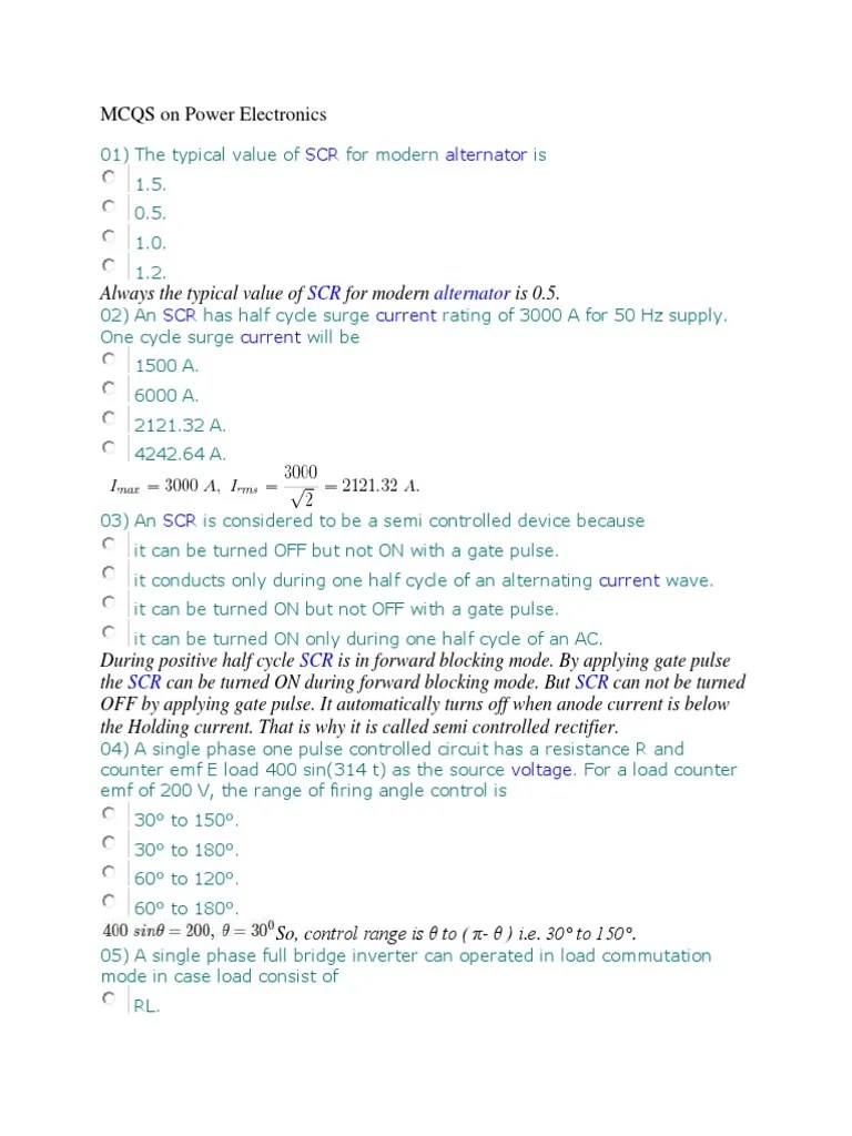 MCQS On Power Electronics 1 PDF Power Electronics Force