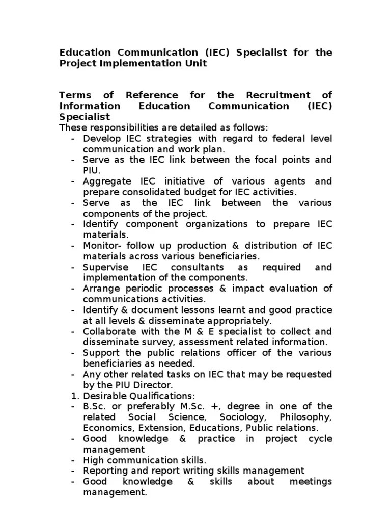 Information Education Communication (IEC) Specialist Job Description