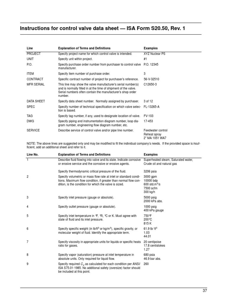 Control Valve Data Sheet Form S20 50 PDF PDF Valve Pressure