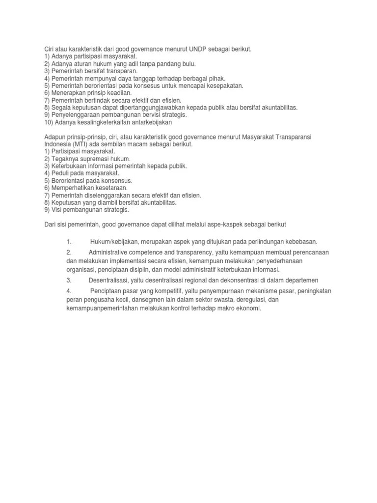 Ciri Atau Karakteristik Dari Good Governance Menurut UNDP Sebagai Berikut |  PDF