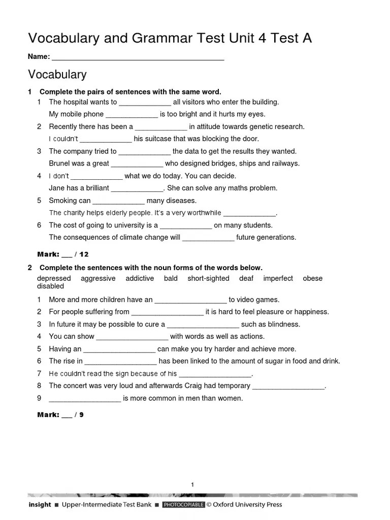 Vocabulary & Grammar Test Unit 4 Test A