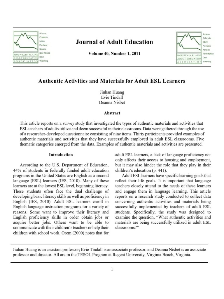 Authentic Activities and Materials for Adult ESL Learners Adult