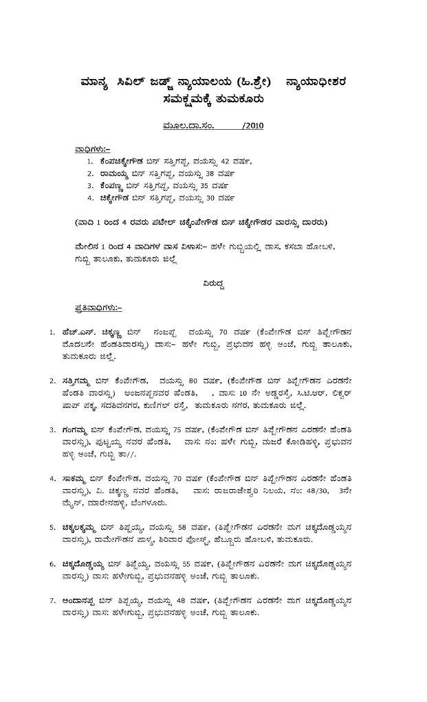 Kannada Model Plaint On Partition PDF