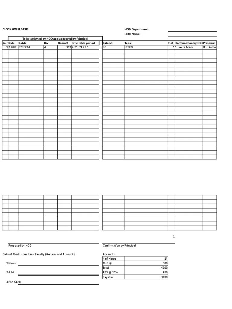 Proposed Clock Hour Basis Schedule and Payment Details for Faculty