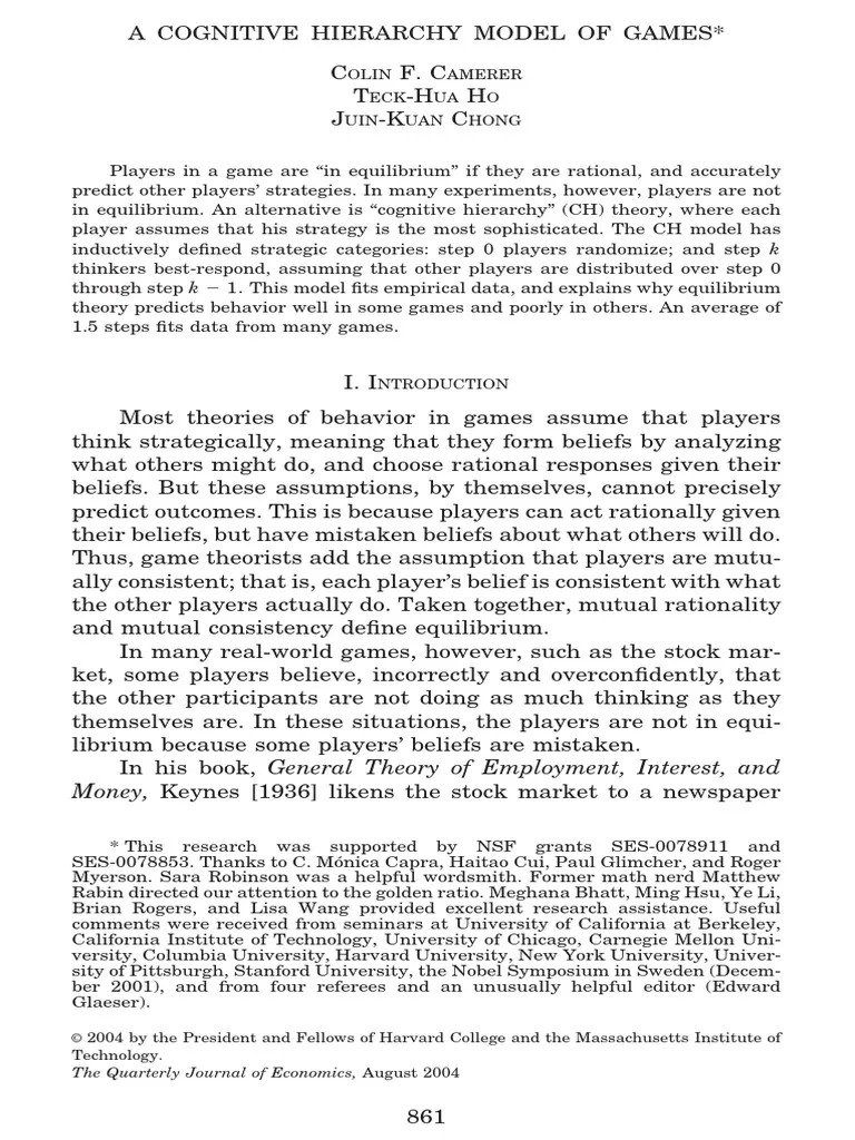 A Cognitive Hierarchy Model of Games Game Theory Mathematical And