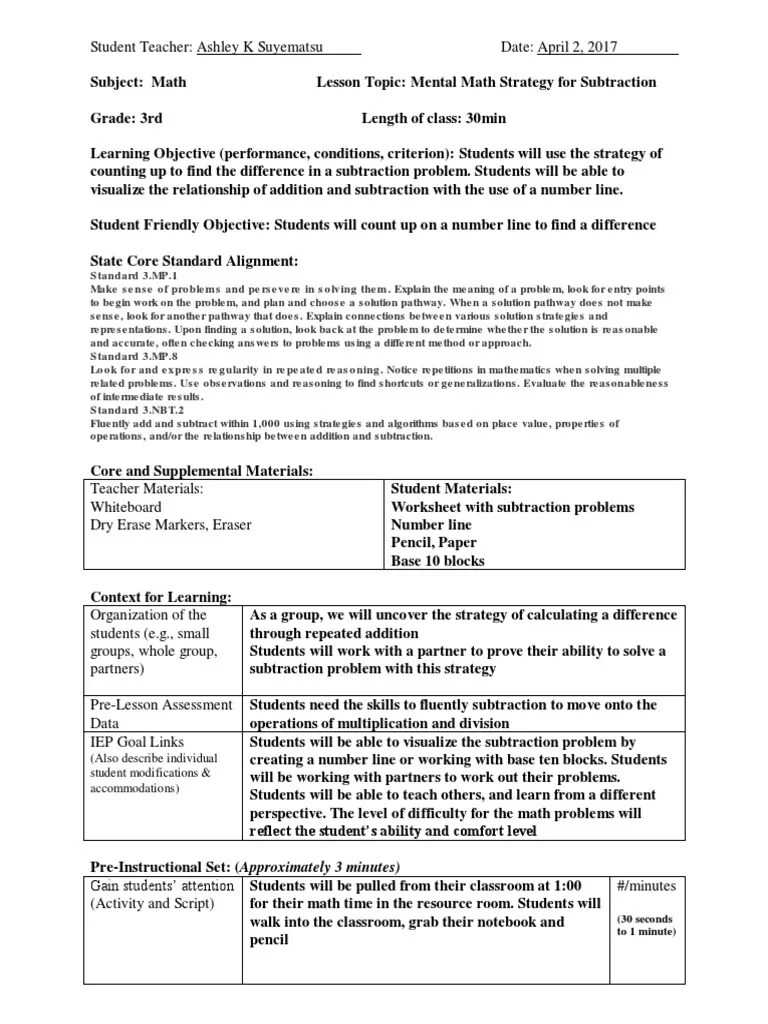 explicit instruction lesson 1 Subtraction Education Theory