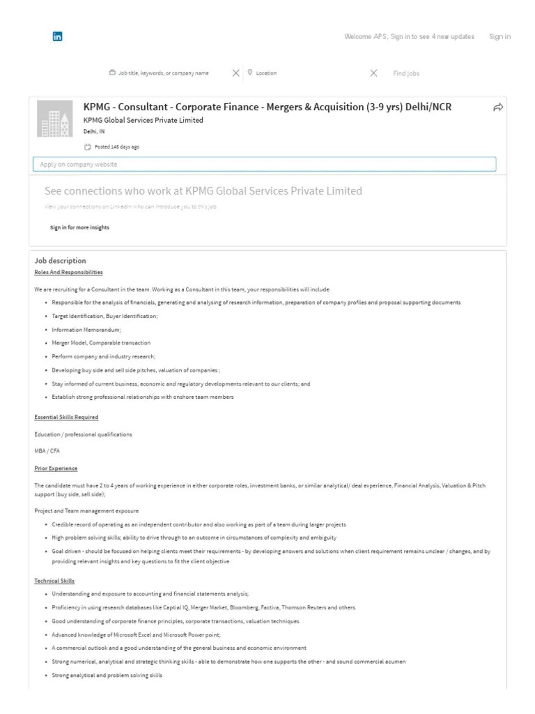 KPMG Consultant Corporate Finance Mergers & Acquisition (39 Yrs