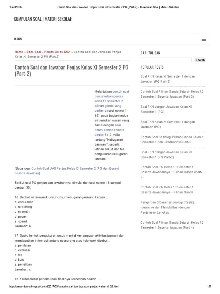 Contoh Soal Dan Jawaban Penjas Kelas Xi Semester 2 Pg (Part-2) - Kumpulan Soal - Materi Sekolah | Pdf