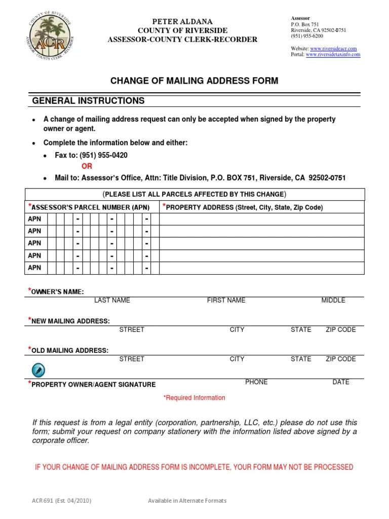 Change of Mailing Address ACR691 PDF PDF