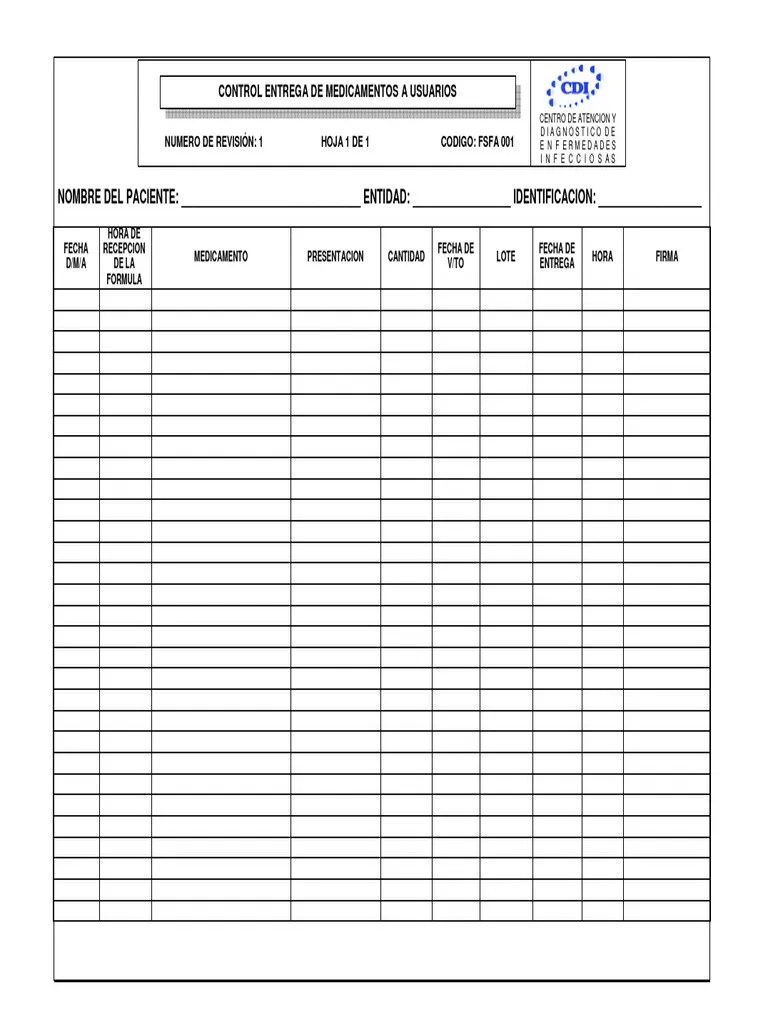 FSFA 001 Formato Control Entrega de Medicamentos A Usuarios Revisión 1