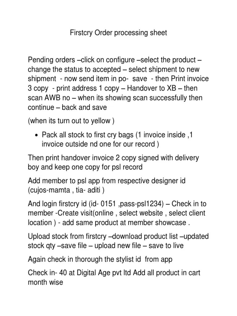 Firstcry Order Processing Sheet PDF