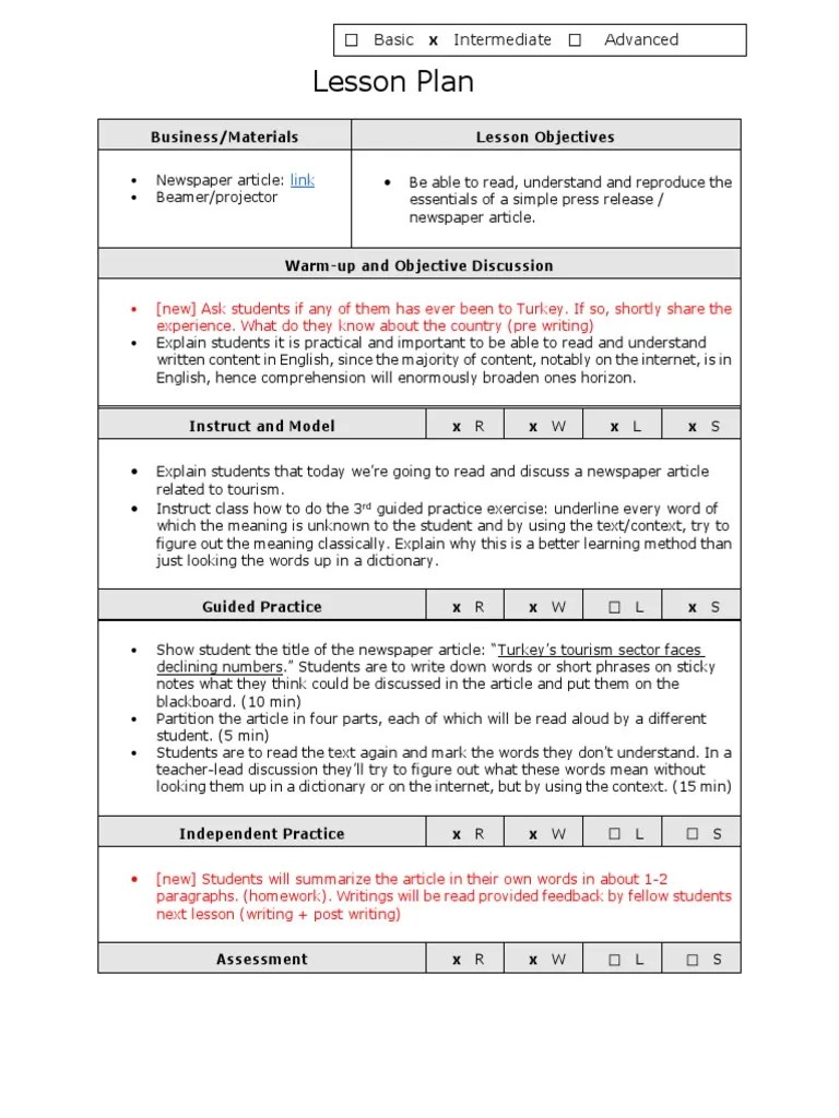 TESOL Lesson Plan 02 Reading Comprehension Lesson Plan