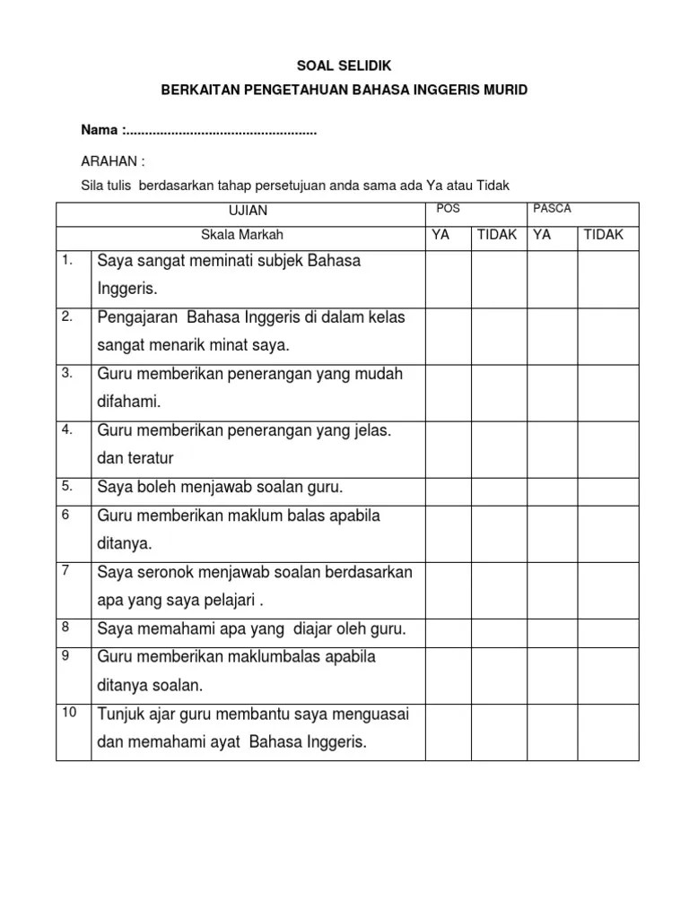 Contoh Borang Soal Selidik English