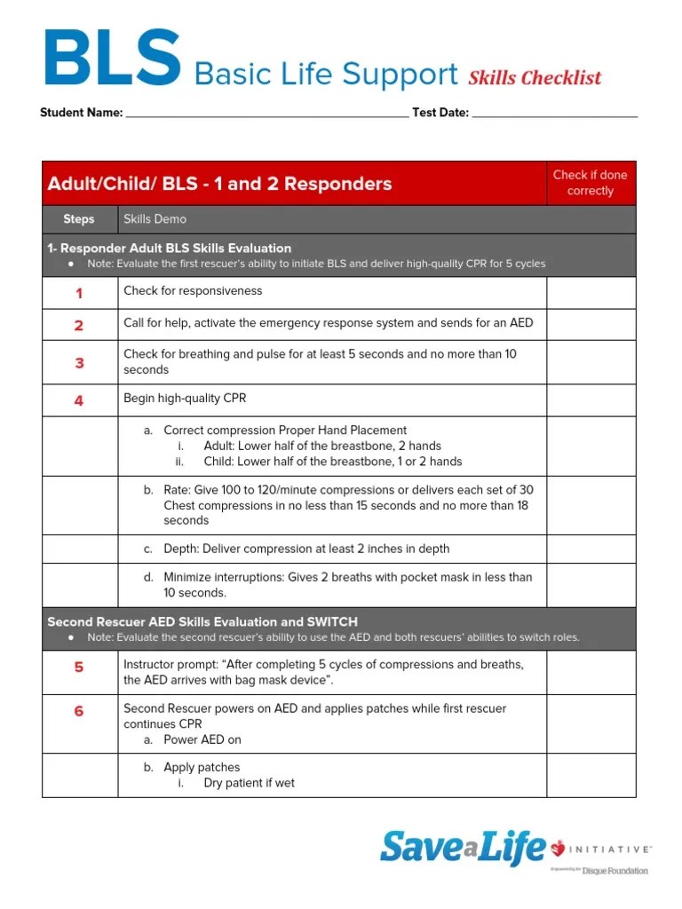 BLS Skills Checklist | Cardiopulmonary Resuscitation | Clinical Medicine