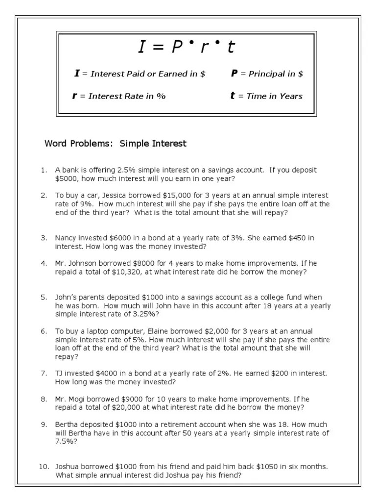 4.4 Simple Interest Word Problems | PDF