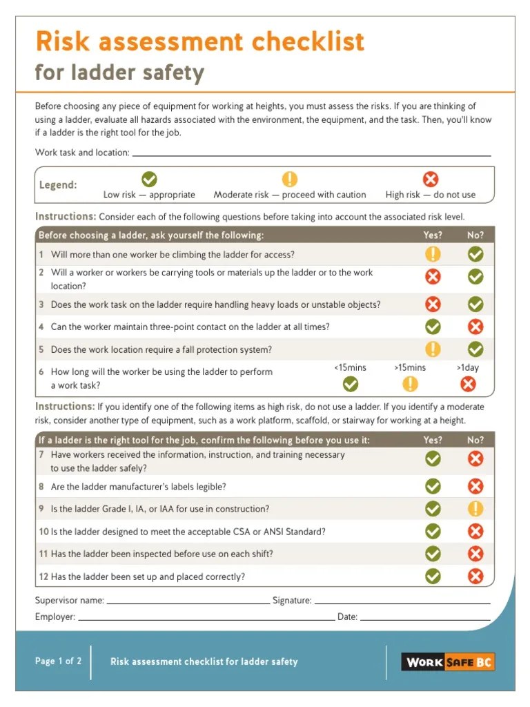 Risk Assessment Checklist for Ladder Safety Ladder Risk