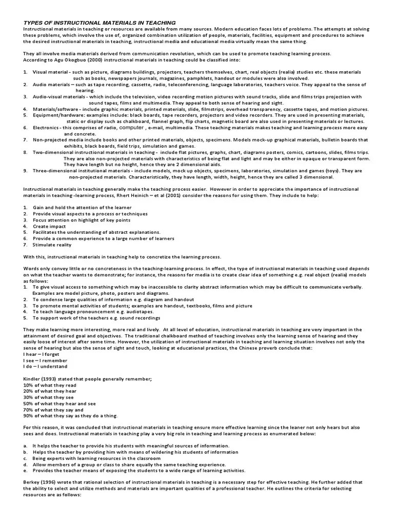 Types of Instructional Materials in Teaching or Resources Graphics