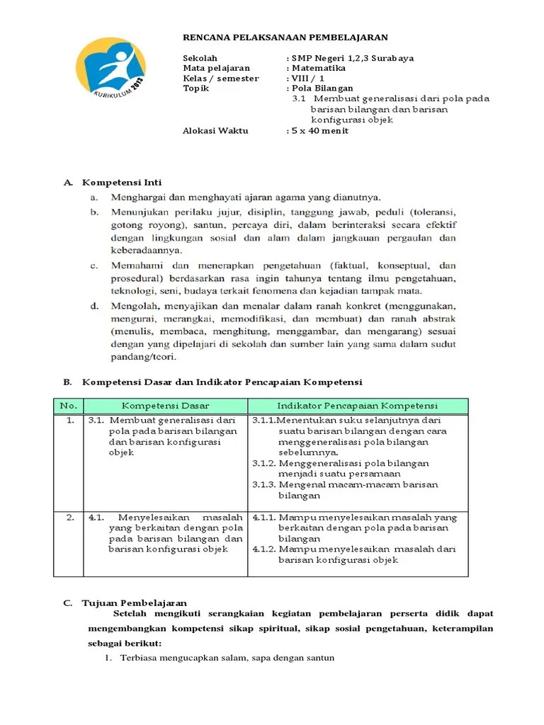 Rpp Pola Bilangan Smp Kelas 7 Kurikulum 2013