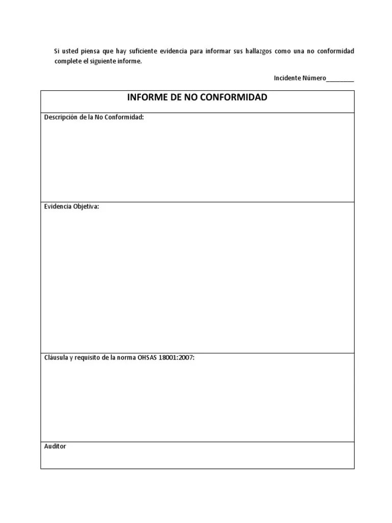 Formato Informe de No Conformidad
