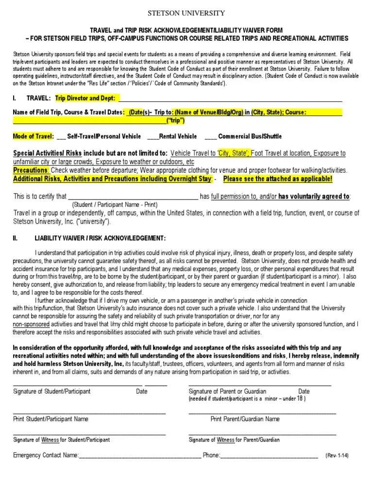 Travel and Trip Risk Acknowledgement Liability Waiver Form Insurance